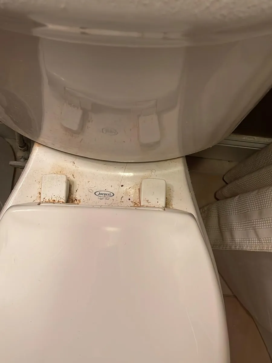 Toilet base and seat hinges before cleaning in Clinton, MA, with rust-coloured build-up